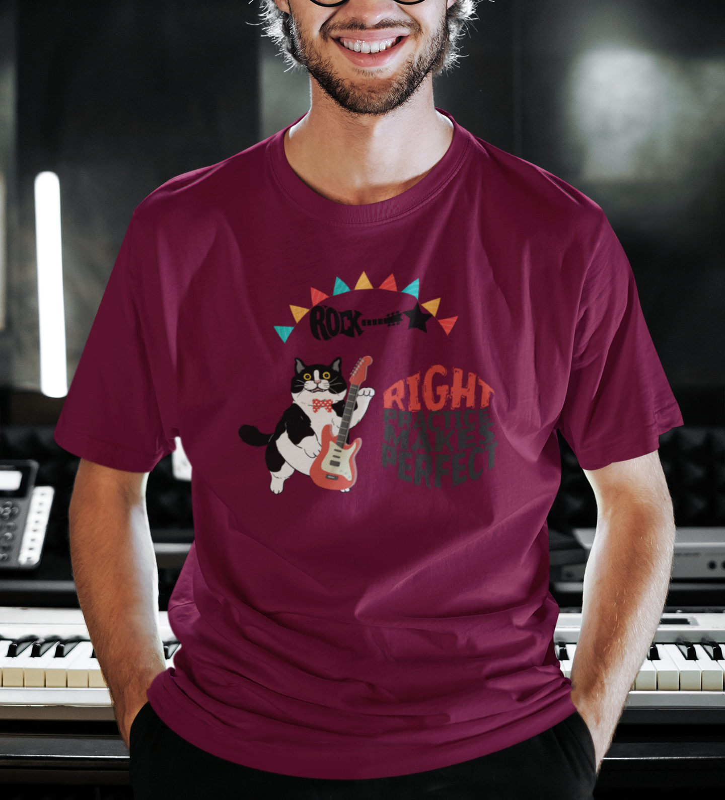 Right Practice Makes Perfect Unisex Tee Cat Lover T-Shirt, Music Lover Gift, Casual Wear, Cat Dad Cat Mom Apparel